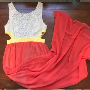 Cream, yellow, and coral maxi dress